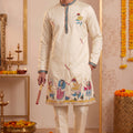 Stylish Cream Synthetic Silk Embroidered Kurta Pajama Set for Men with Dandiya Work