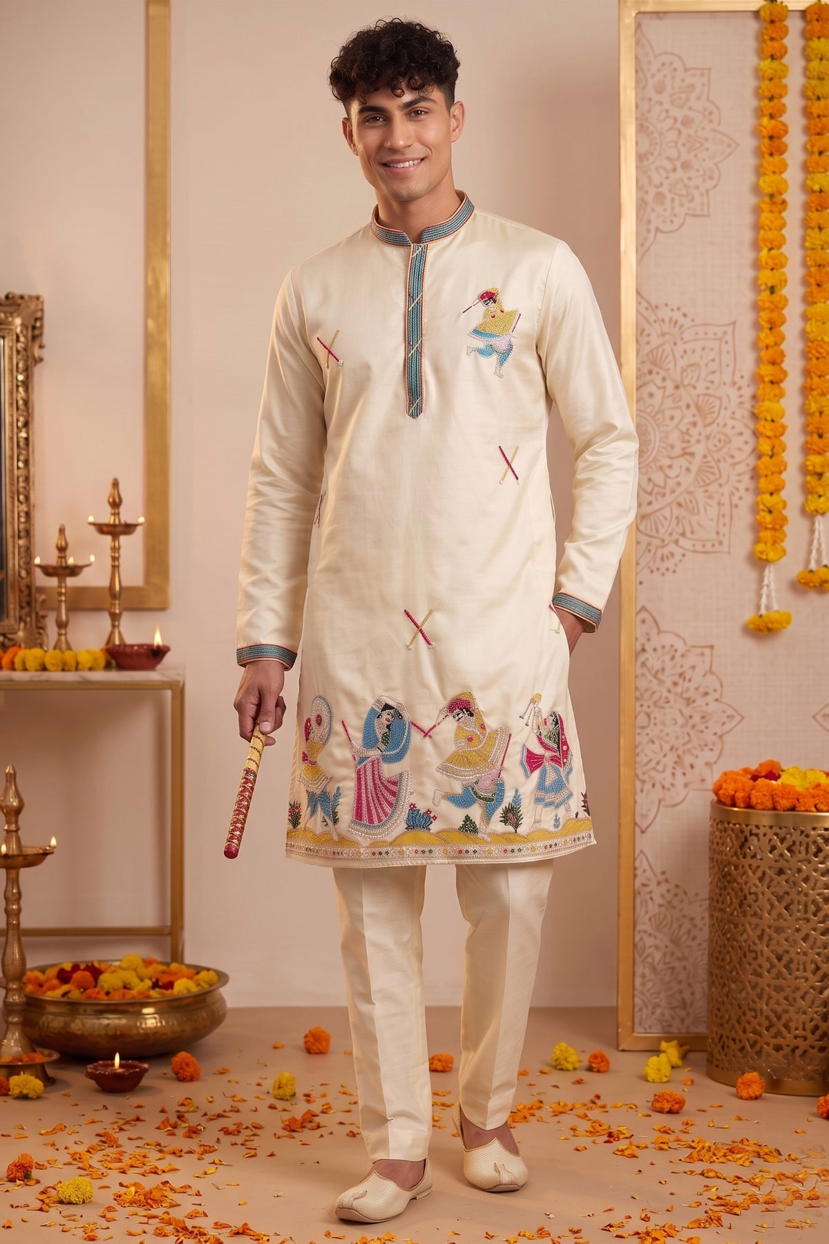 Stylish Cream Synthetic Silk Embroidered Kurta Pajama Set for Men with Dandiya Work