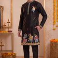 Stunning Black Synthetic Silk Embroidered Kurta Pajama Set for Men with Dandiya Work