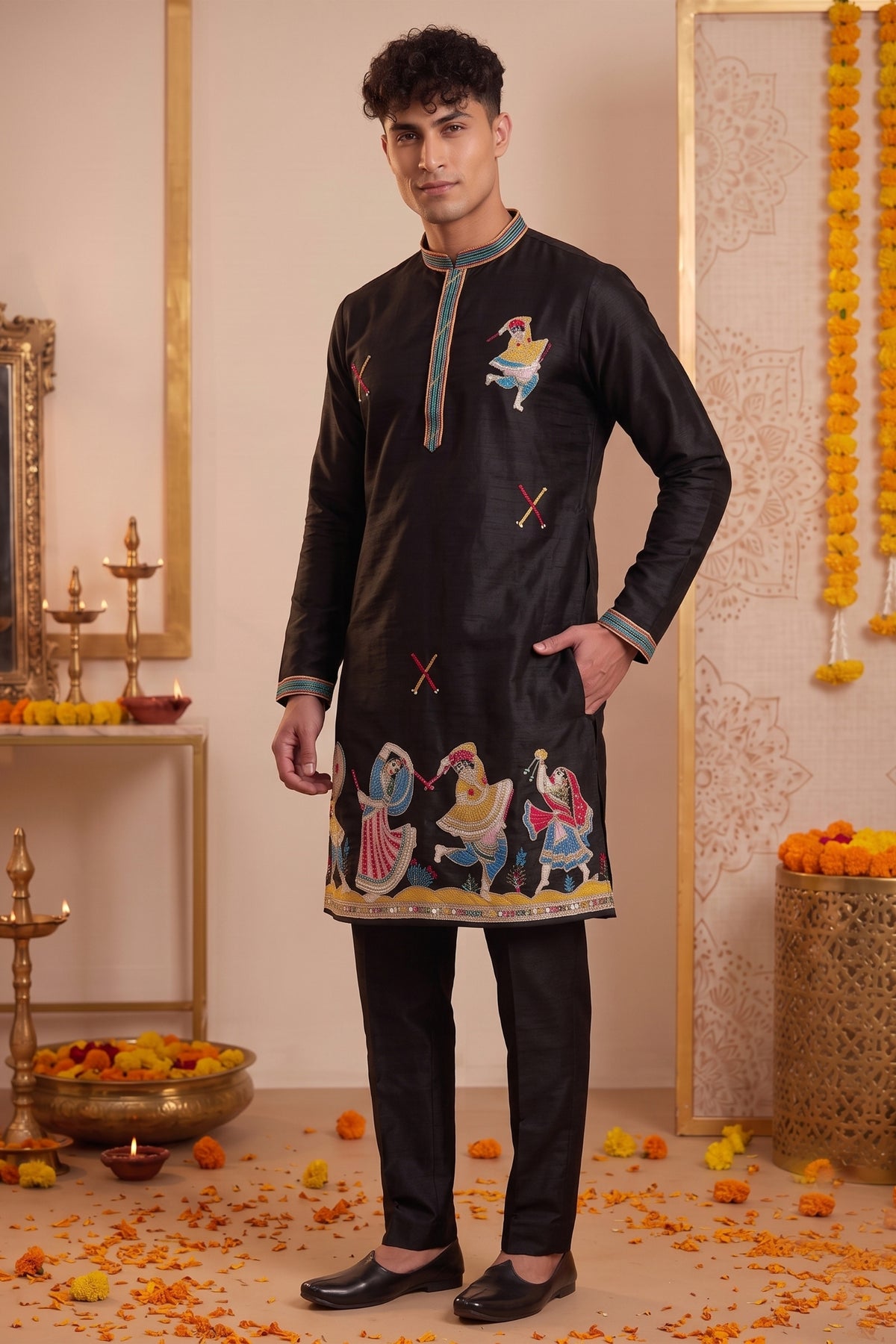 Stunning Black Synthetic Silk Embroidered Kurta Pajama Set for Men with Dandiya Work