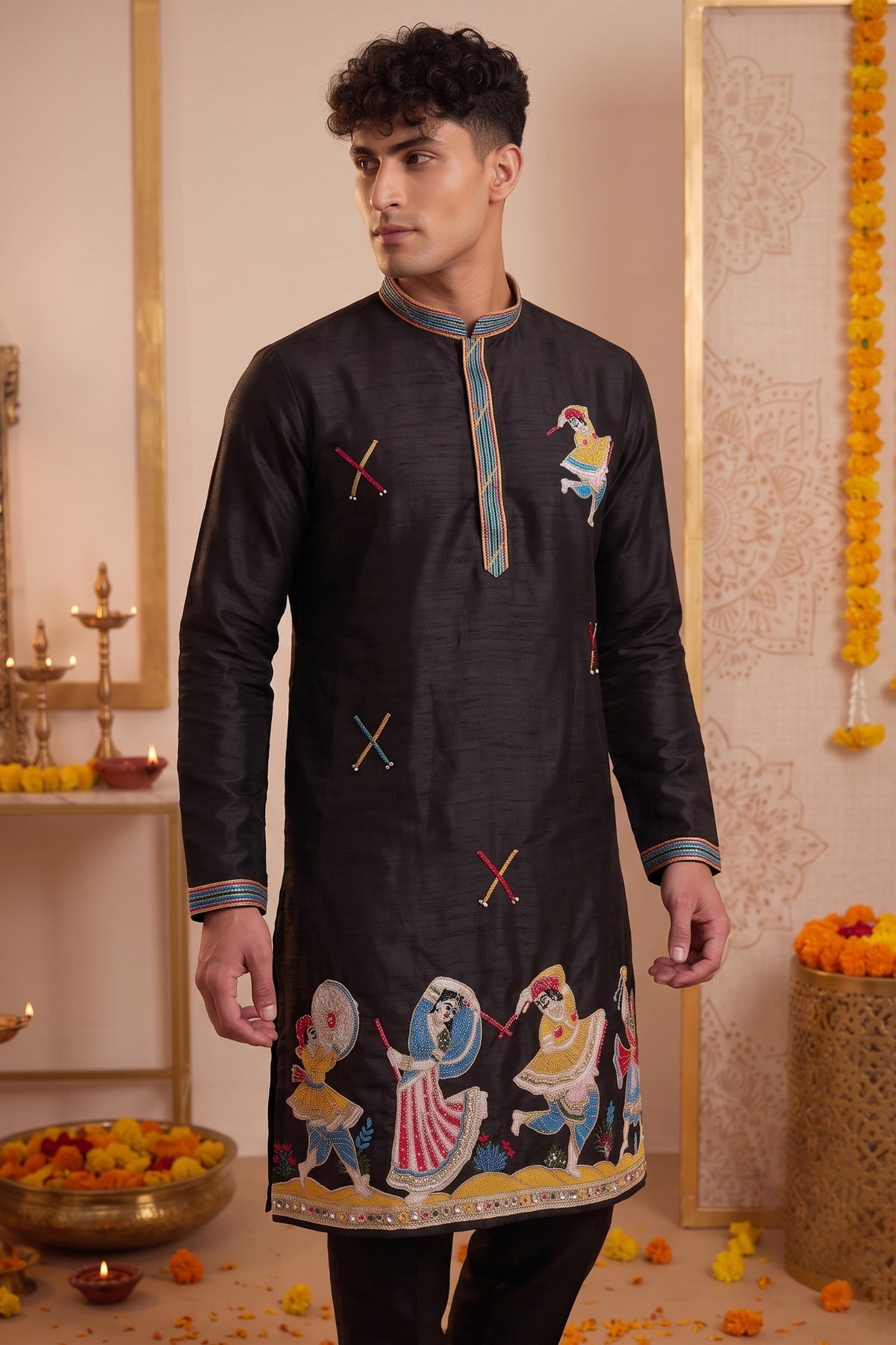 Stunning Black Synthetic Silk Embroidered Kurta Pajama Set for Men with Dandiya Work