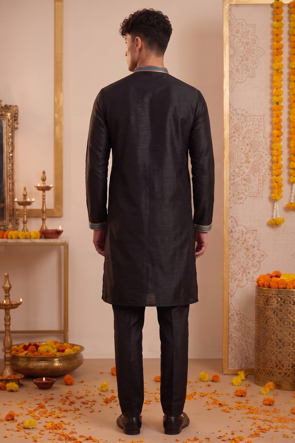 Stunning Black Synthetic Silk Embroidered Kurta Pajama Set for Men with Dandiya Work