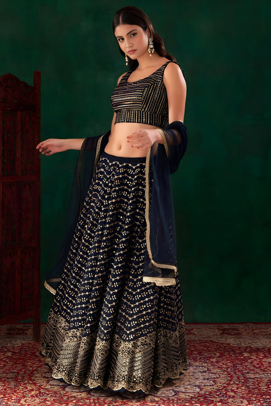 Designer Navy Blue Georgette Embroidered Lehenga Choli with Dupatta