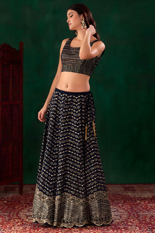 Designer Navy Blue Georgette Embroidered Lehenga Choli with Dupatta