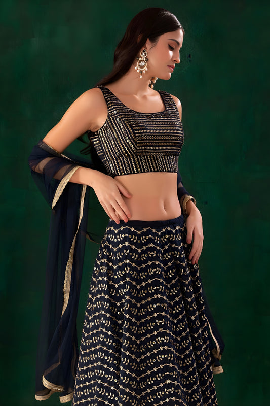 Designer Navy Blue Georgette Embroidered Lehenga Choli with Dupatta