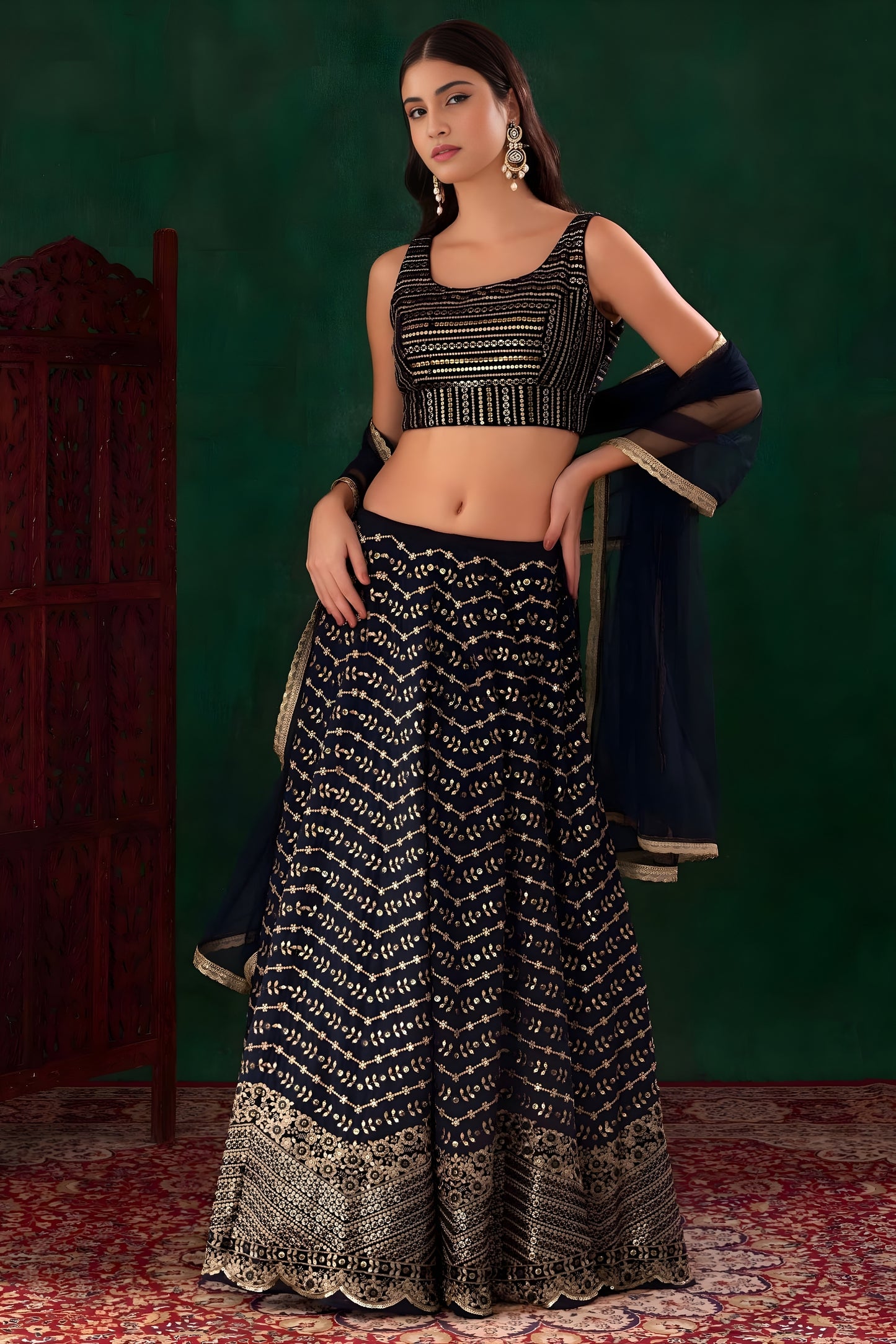 Designer Navy Blue Georgette Embroidered Lehenga Choli with Dupatta