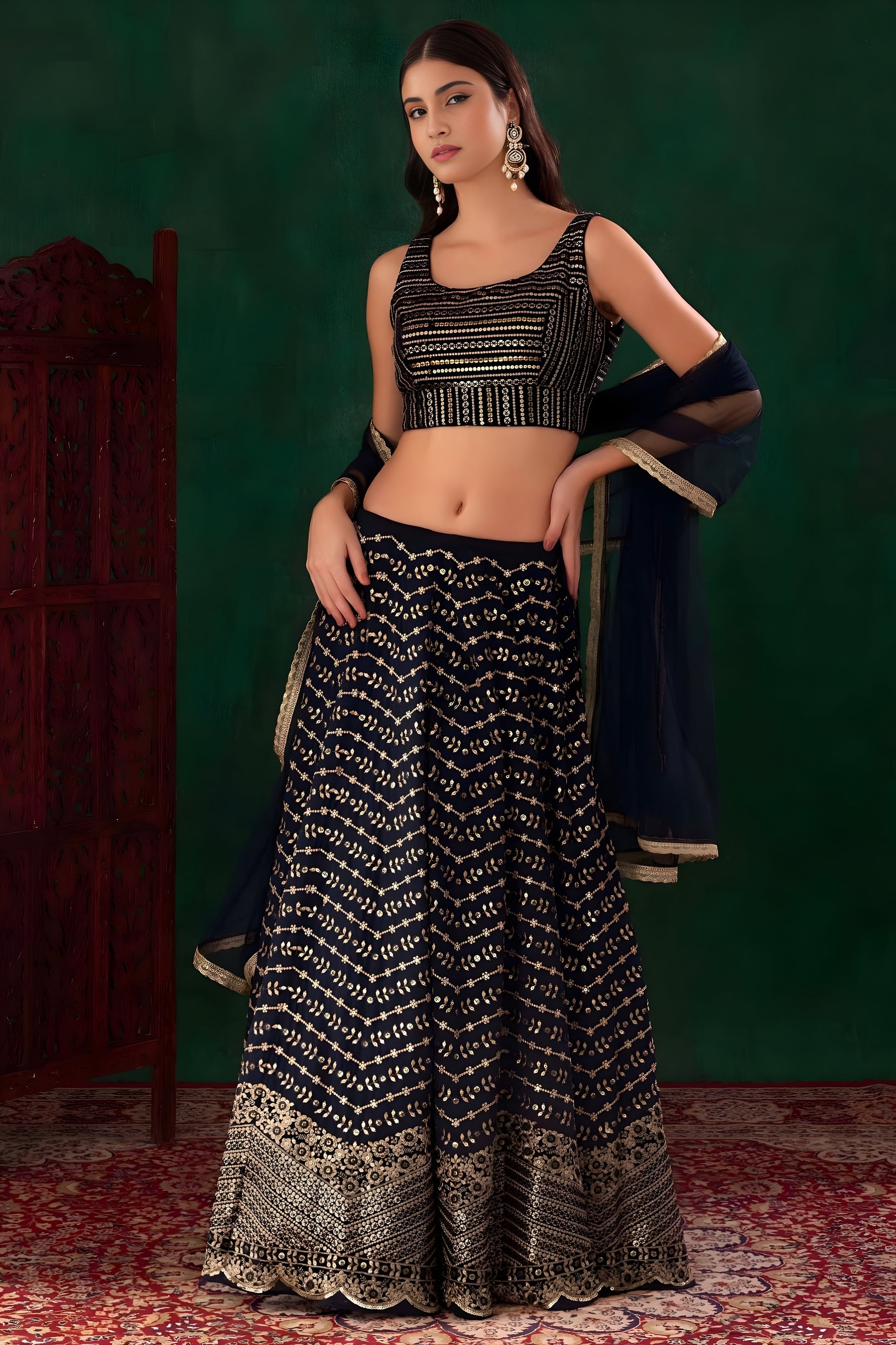 Designer Navy Blue Georgette Embroidered Lehenga Choli with Dupatta