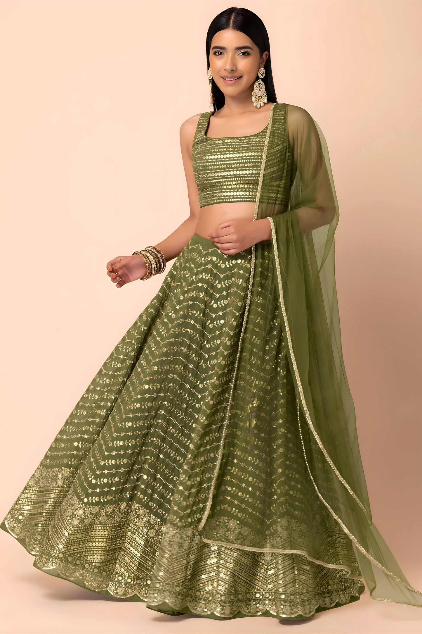Glorious Olive Green Georgette Embroidered Lehenga Choli with Designer Dupatta for Women