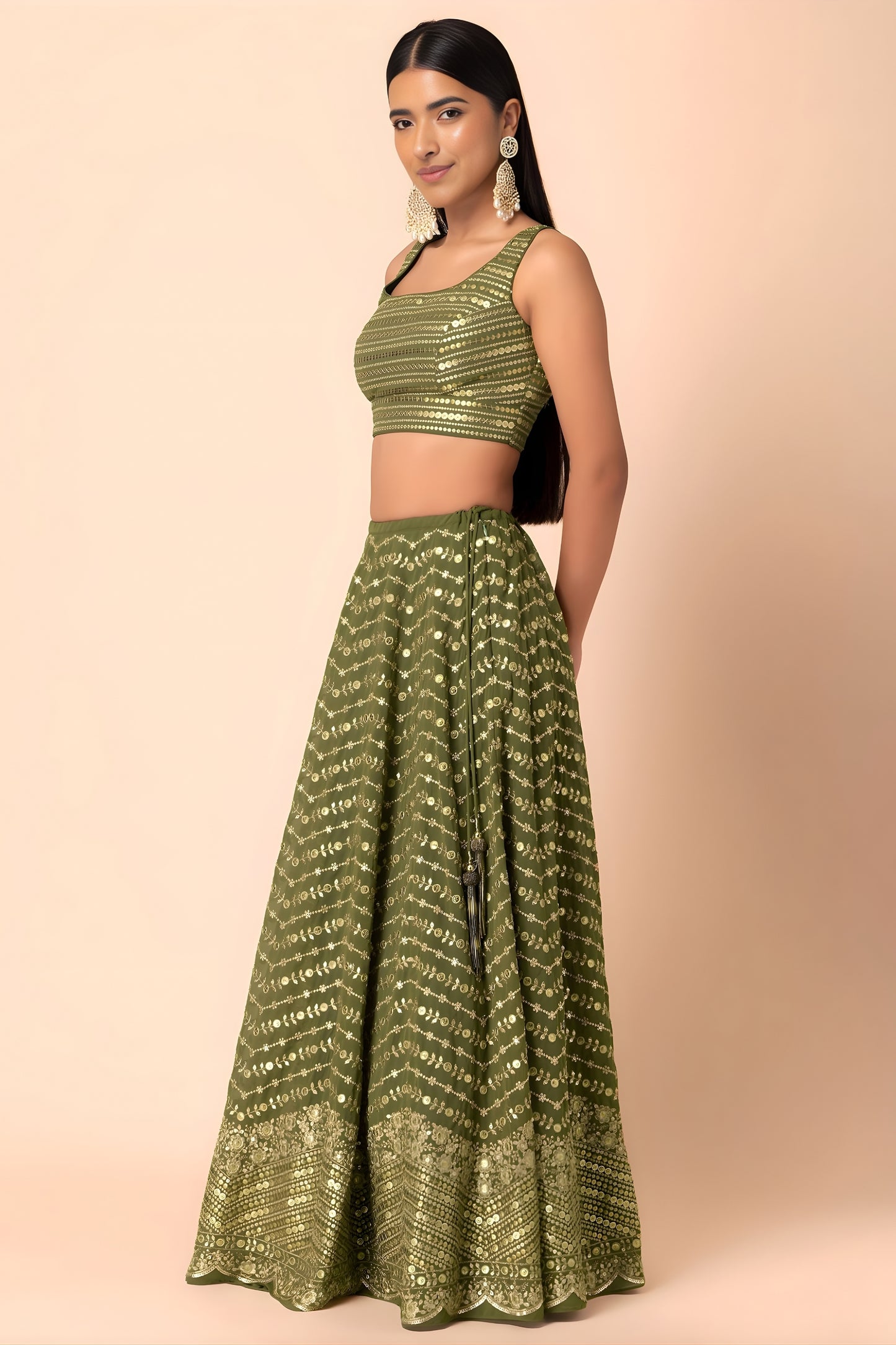 Glorious Olive Green Georgette Embroidered Lehenga Choli with Designer Dupatta for Women