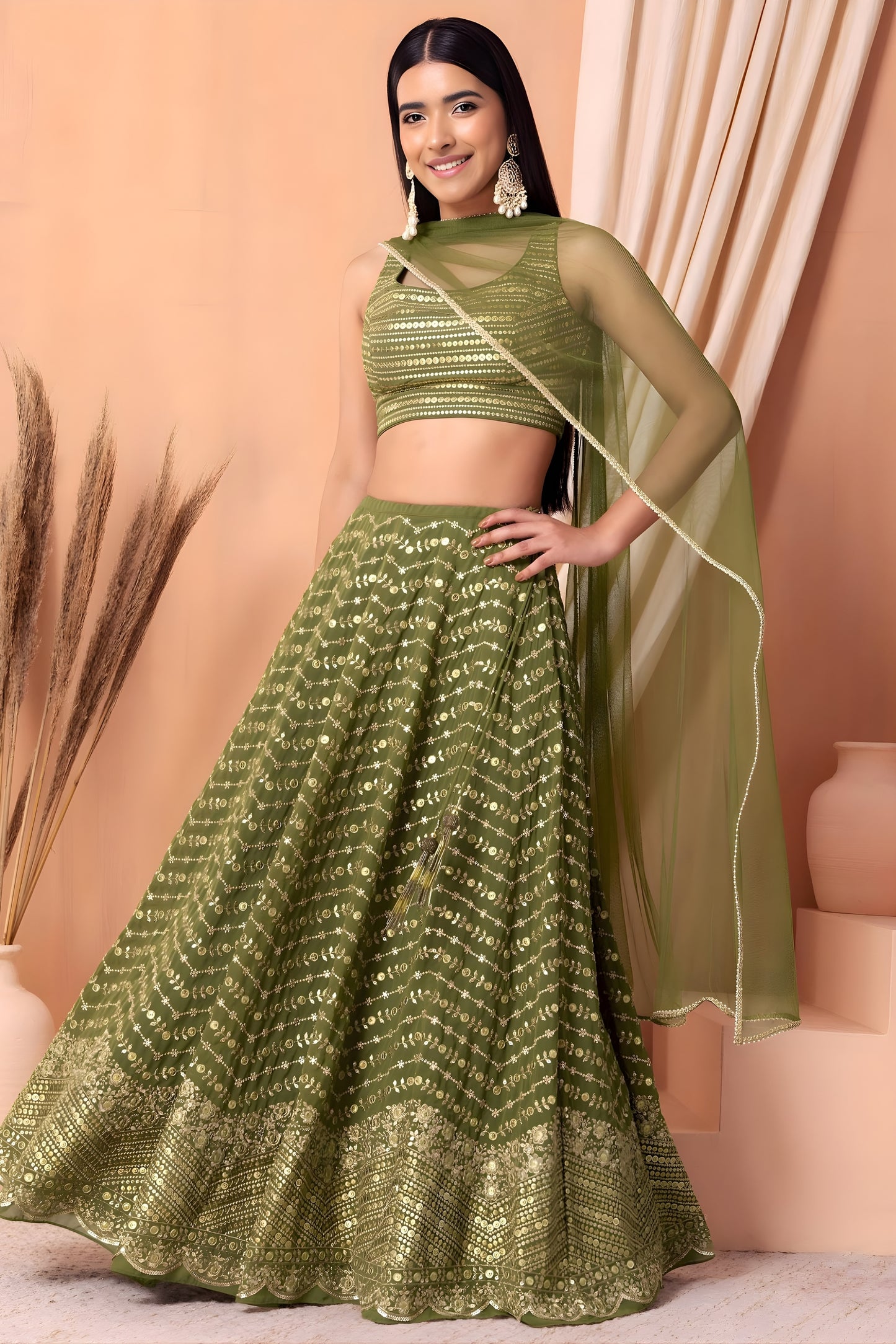 Glorious Olive Green Georgette Embroidered Lehenga Choli with Designer Dupatta for Women