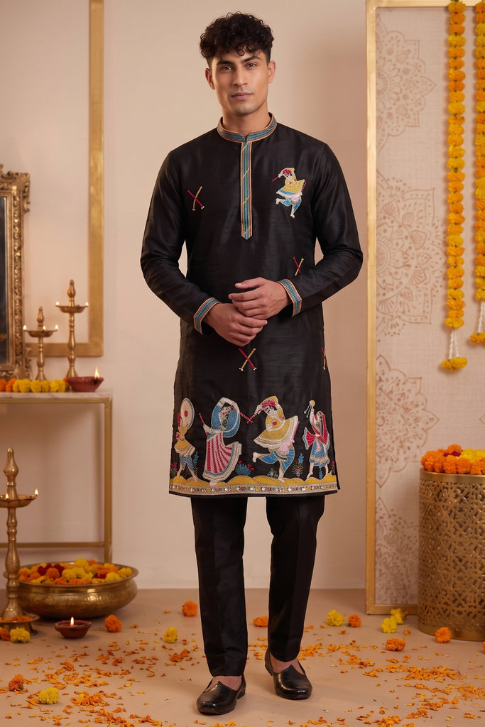 Stunning Black Synthetic Silk Embroidered Kurta Pajama Set for Men with Dandiya Work