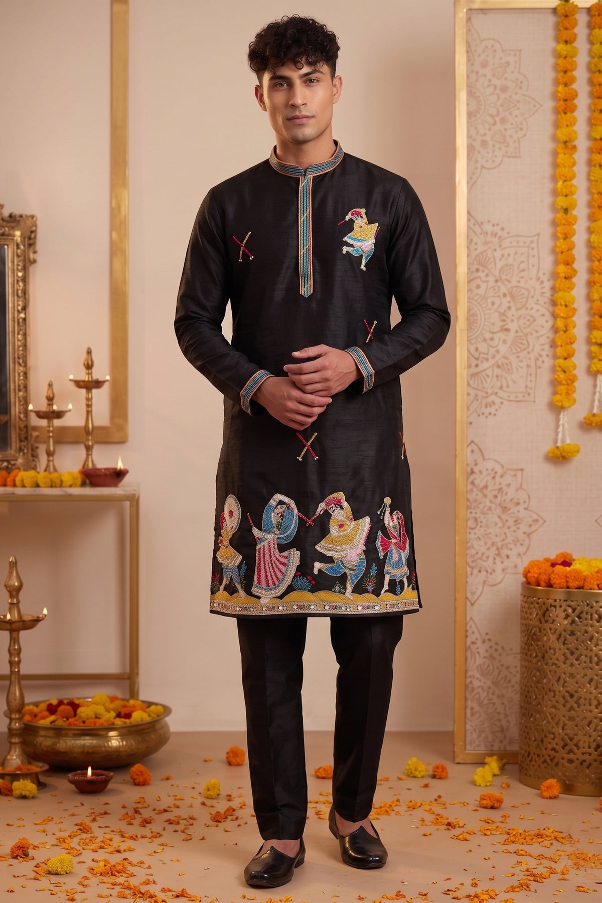 Stunning Black Synthetic Silk Embroidered Kurta Pajama Set for Men with Dandiya Work