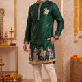 Glorious Rama Green Synthetic Silk Embroidered Kurta Pajama Set for Men with Dandiya Work