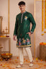 Glorious Rama Green Synthetic Silk Embroidered Kurta Pajama Set for Men with Dandiya Work