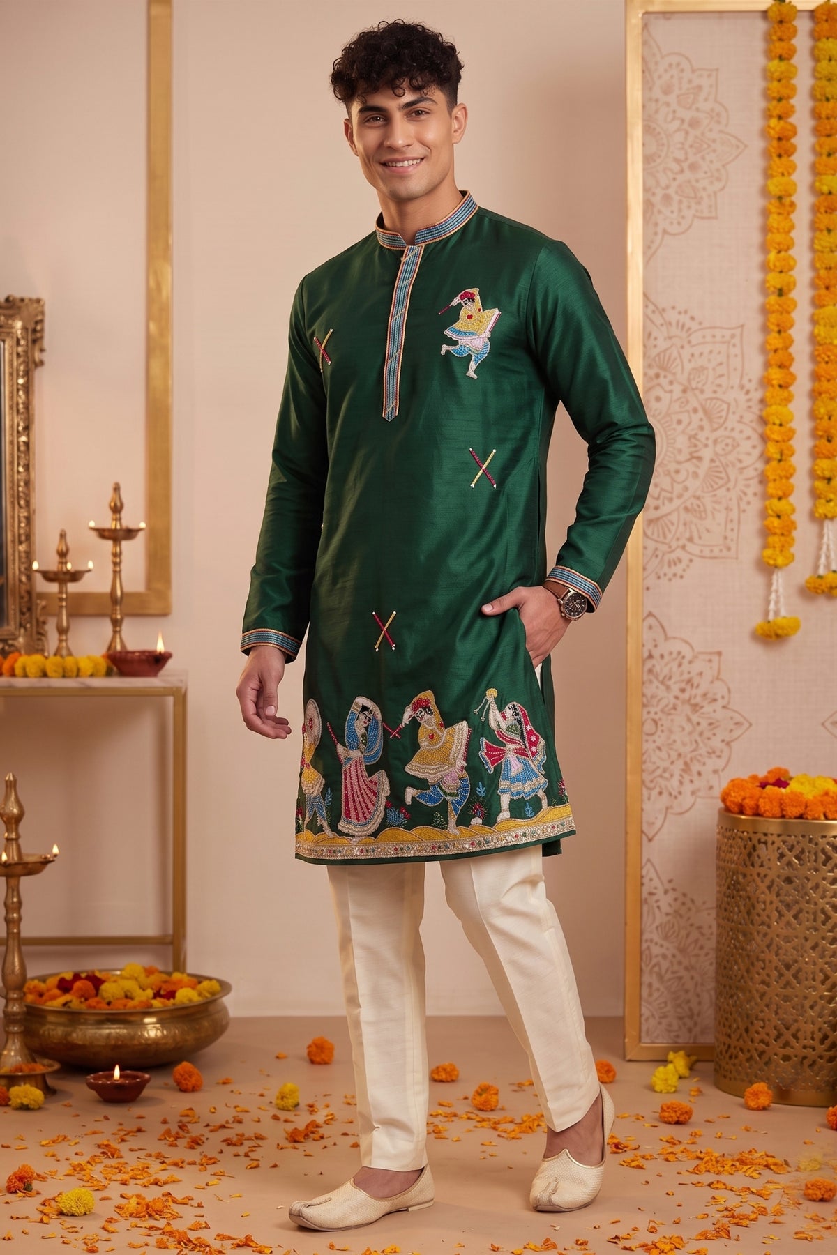 Glorious Rama Green Synthetic Silk Embroidered Kurta Pajama Set for Men with Dandiya Work