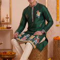 Glorious Rama Green Synthetic Silk Embroidered Kurta Pajama Set for Men with Dandiya Work