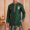 Glorious Rama Green Synthetic Silk Embroidered Kurta Pajama Set for Men with Dandiya Work
