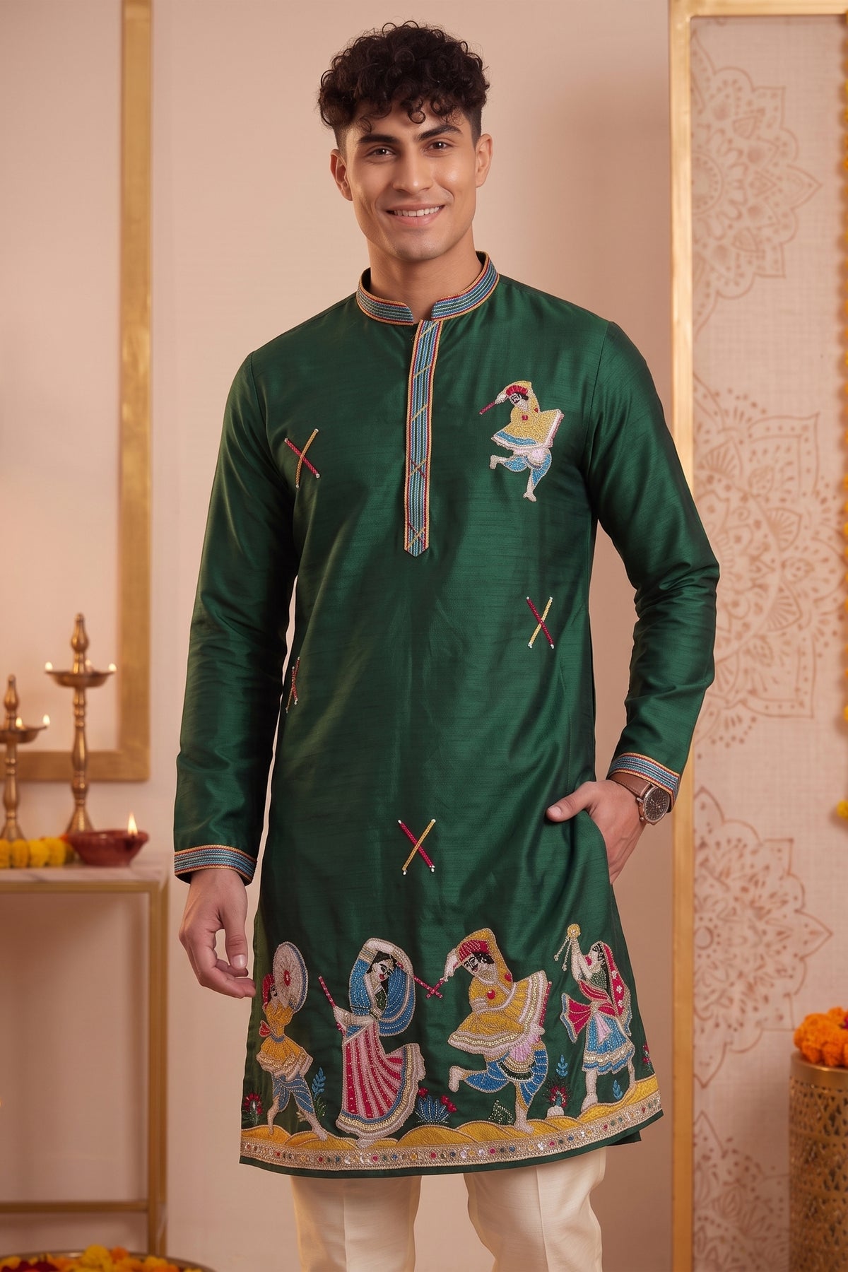 Glorious Rama Green Synthetic Silk Embroidered Kurta Pajama Set for Men with Dandiya Work