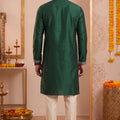 Glorious Rama Green Synthetic Silk Embroidered Kurta Pajama Set for Men with Dandiya Work