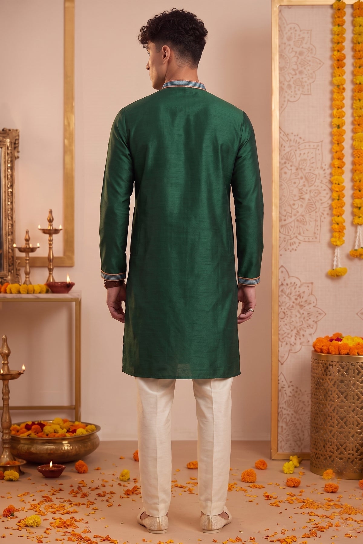 Glorious Rama Green Synthetic Silk Embroidered Kurta Pajama Set for Men with Dandiya Work
