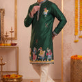 Glorious Rama Green Synthetic Silk Embroidered Kurta Pajama Set for Men with Dandiya Work