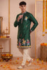 Glorious Rama Green Synthetic Silk Embroidered Kurta Pajama Set for Men with Dandiya Work