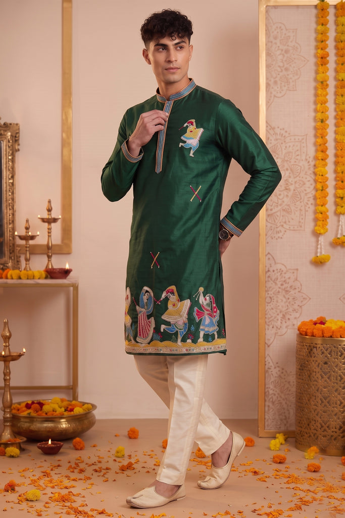 Glorious Rama Green Synthetic Silk Embroidered Kurta Pajama Set for Men with Dandiya Work