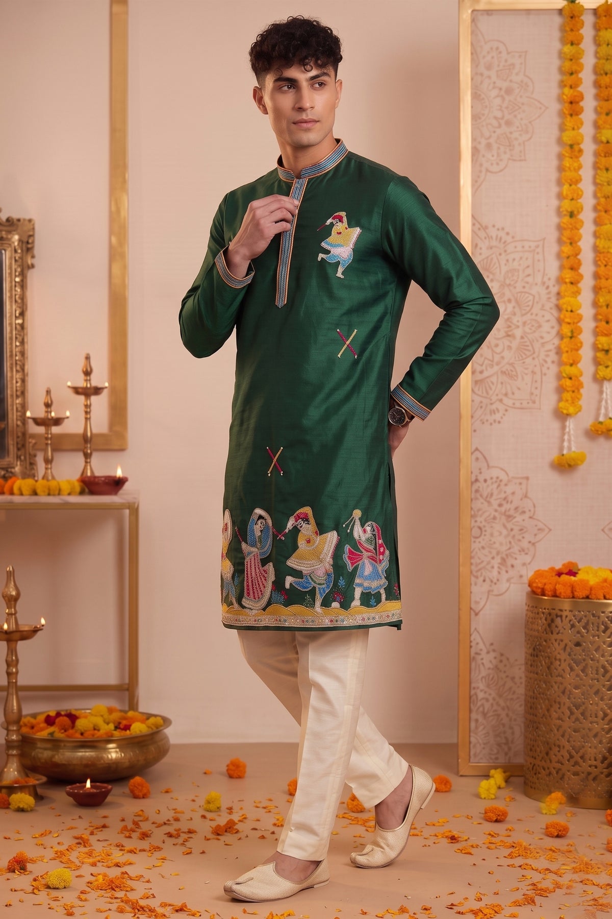 Glorious Rama Green Synthetic Silk Embroidered Kurta Pajama Set for Men with Dandiya Work