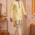 Trendy Yellow Synthetic Silk Embroidered Kurta Pajama Set for Men with Dandiya Work