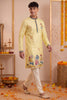 Trendy Yellow Synthetic Silk Embroidered Kurta Pajama Set for Men with Dandiya Work