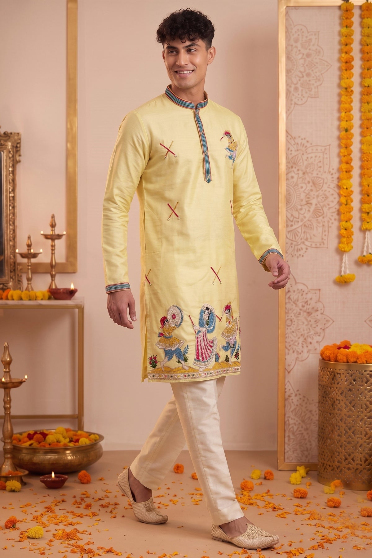 Trendy Yellow Synthetic Silk Embroidered Kurta Pajama Set for Men with Dandiya Work