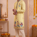 Trendy Yellow Synthetic Silk Embroidered Kurta Pajama Set for Men with Dandiya Work