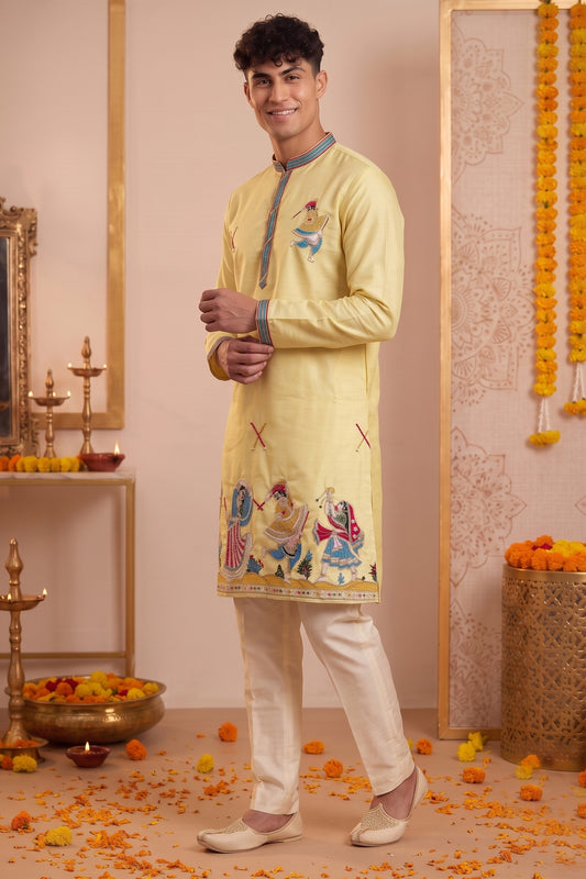 Trendy Yellow Synthetic Silk Embroidered Kurta Pajama Set for Men with Dandiya Work