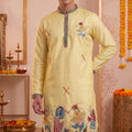 Trendy Yellow Synthetic Silk Embroidered Kurta Pajama Set for Men with Dandiya Work