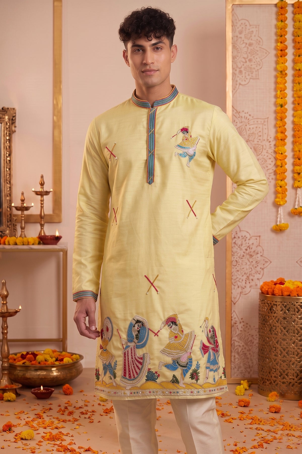 Trendy Yellow Synthetic Silk Embroidered Kurta Pajama Set for Men with Dandiya Work