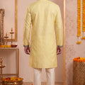 Trendy Yellow Synthetic Silk Embroidered Kurta Pajama Set for Men with Dandiya Work