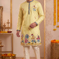 Trendy Yellow Synthetic Silk Embroidered Kurta Pajama Set for Men with Dandiya Work
