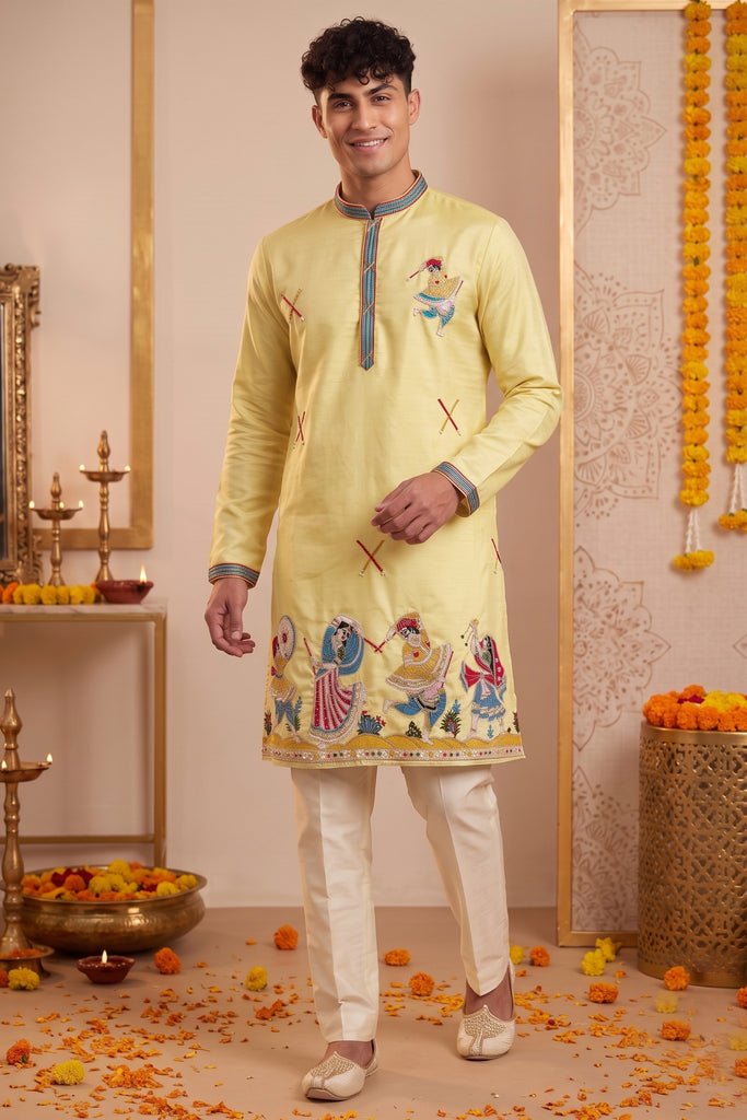Trendy Yellow Synthetic Silk Embroidered Kurta Pajama Set for Men with Dandiya Work
