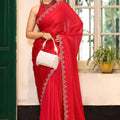 Red Party Wear Embroidered Silk Saree with Matching Blouse Festive Wear