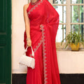 Red Party Wear Embroidered Silk Saree with Matching Blouse Festive Wear
