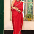 Red Party Wear Embroidered Silk Saree with Matching Blouse Festive Wear