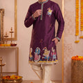 Attractive Wine Synthetic Silk Embroidered Kurta Pajama Set for Men with Dandiya Work