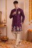 Attractive Wine Synthetic Silk Embroidered Kurta Pajama Set for Men with Dandiya Work