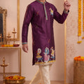 Attractive Wine Synthetic Silk Embroidered Kurta Pajama Set for Men with Dandiya Work