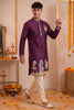 Attractive Wine Synthetic Silk Embroidered Kurta Pajama Set for Men with Dandiya Work