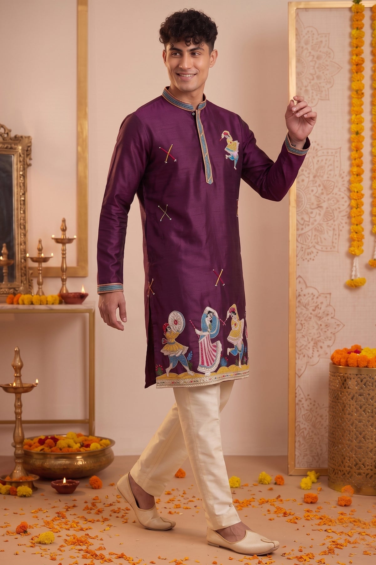 Attractive Wine Synthetic Silk Embroidered Kurta Pajama Set for Men with Dandiya Work