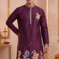 Attractive Wine Synthetic Silk Embroidered Kurta Pajama Set for Men with Dandiya Work
