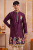 Attractive Wine Synthetic Silk Embroidered Kurta Pajama Set for Men with Dandiya Work