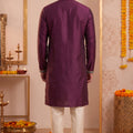 Attractive Wine Synthetic Silk Embroidered Kurta Pajama Set for Men with Dandiya Work