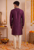 Attractive Wine Synthetic Silk Embroidered Kurta Pajama Set for Men with Dandiya Work